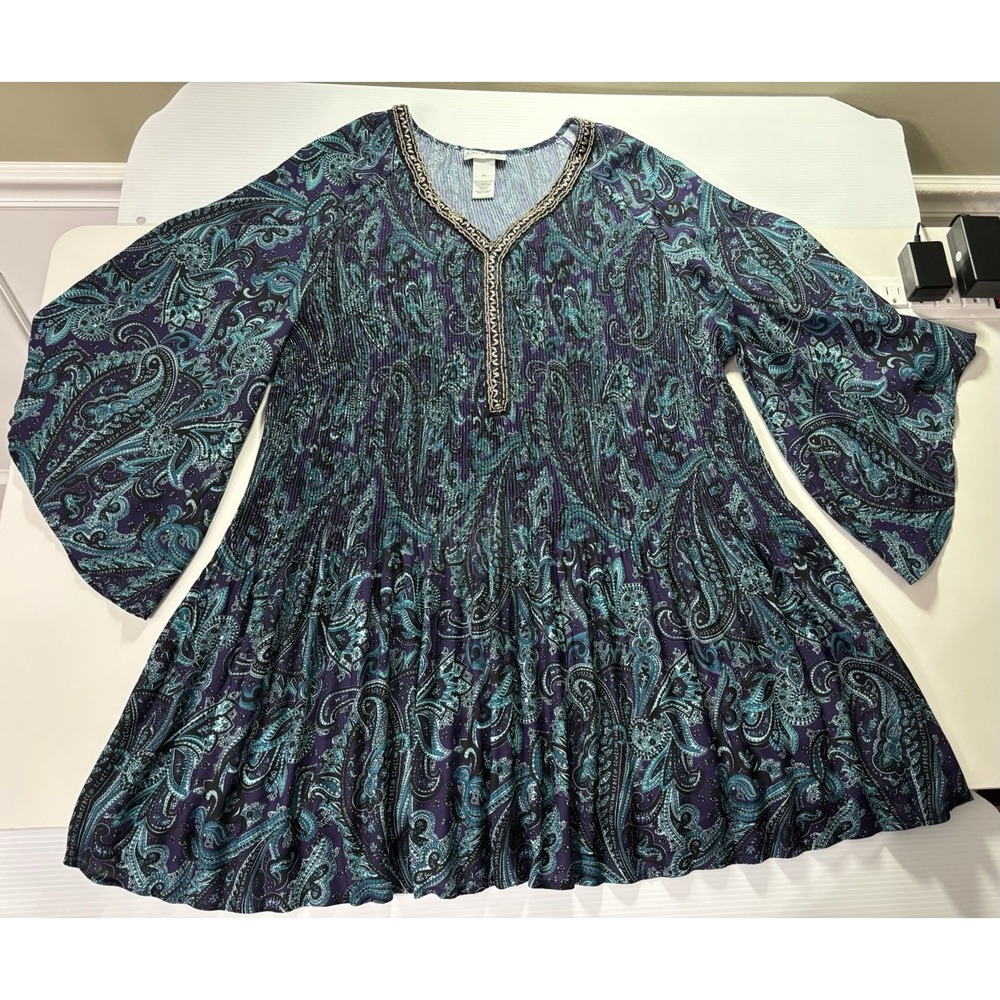 Catherines Bejeweled Pleated Blouse 3x V Neck Paisley Blue Resortwear - Picture 6 of 10